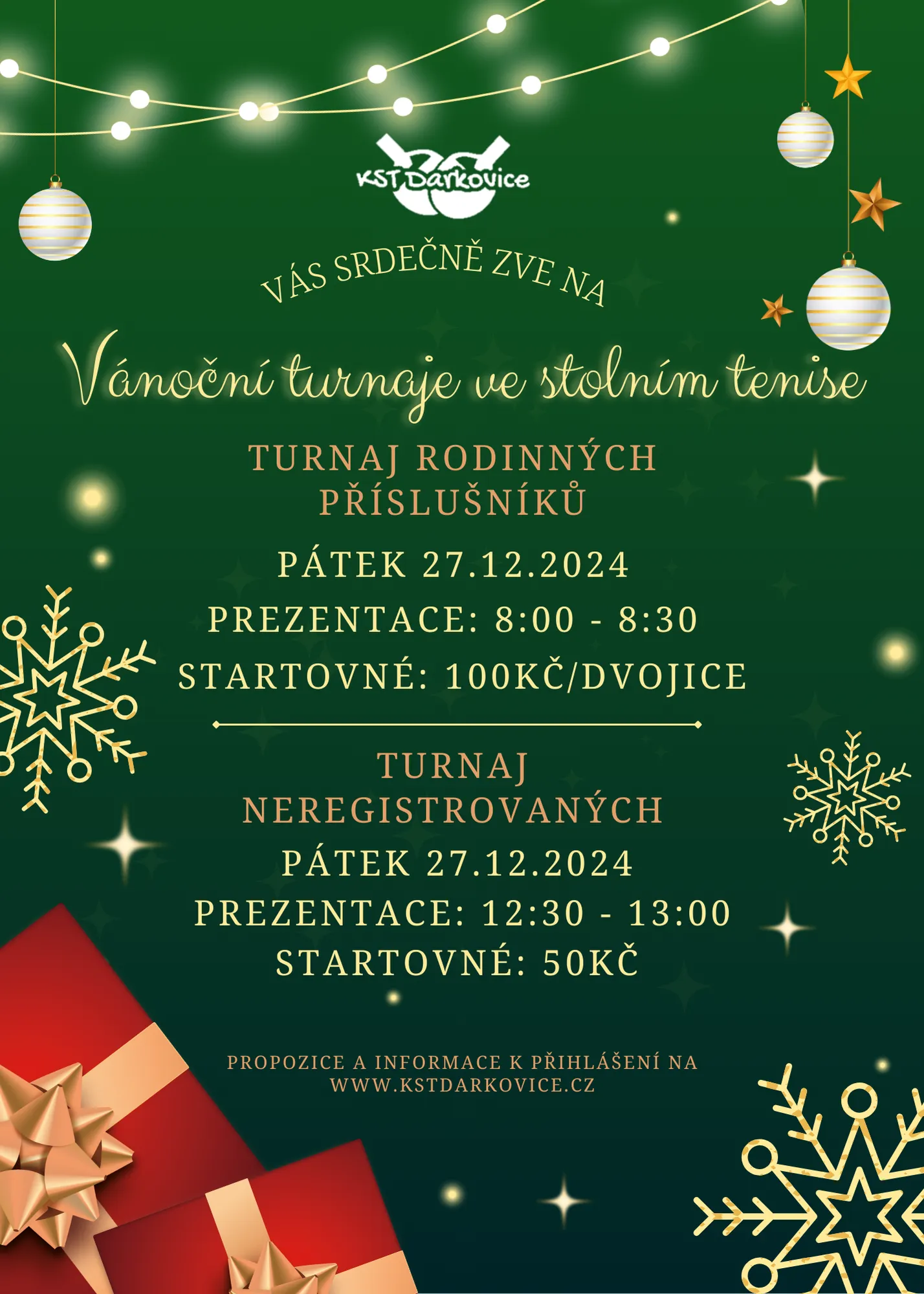 Plakát: Vánoční turnaje ve stolním tenise – turnaj rodinných příslušníků a turnaj neregistrovaných, pátek 27. 12. 2024